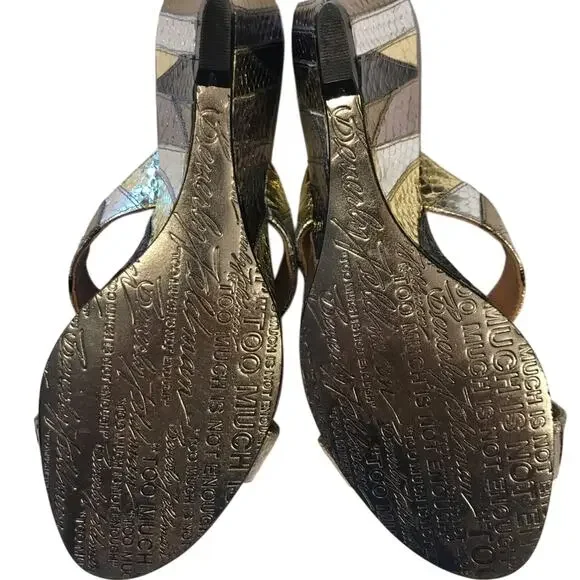 Beverly Feldman Metallic Gold Silver Wedge Peep Toe Sandals Shoes 7M - Picture 7 of 8